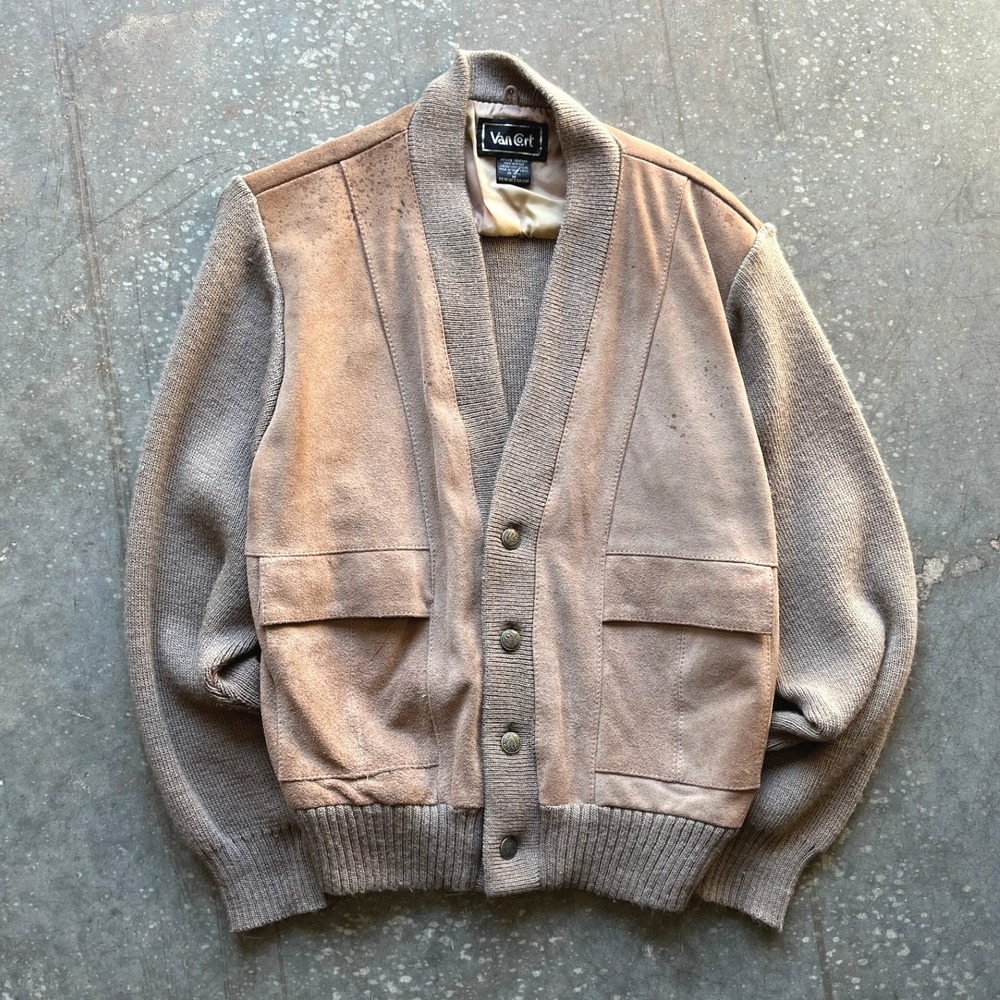 Vintage Van Cort Mens Tan Suede Leather Mixed Media Knit Cardigan Sweater Size M
